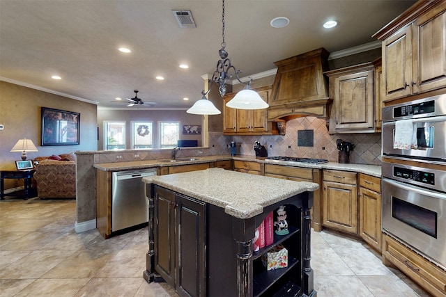 kitchen with visible vents, open floor plan, a peninsula, custom exhaust hood, and stainless steel appliances