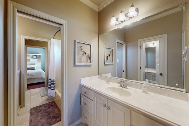 full bath featuring tile patterned flooring, crown molding, vanity, and shower / tub combo