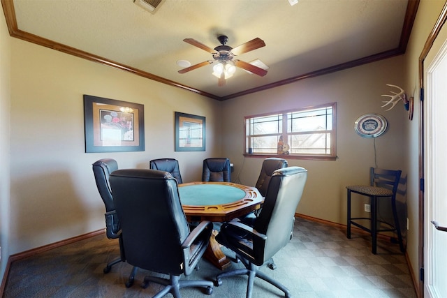 home office featuring visible vents, crown molding, baseboards, and tile patterned floors