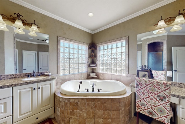 full bath with crown molding, a bath, and vanity