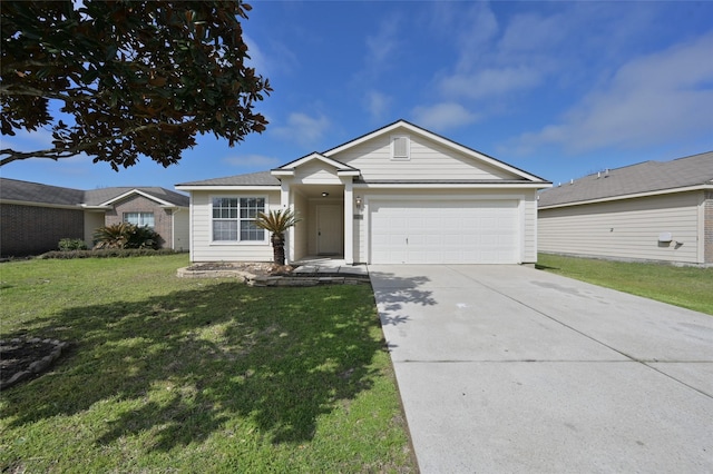 ranch-style house with driveway, an attached garage, and a front yard