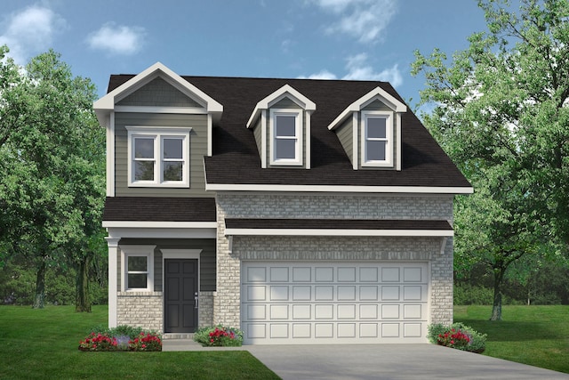 view of front of house featuring an attached garage, concrete driveway, and a front yard