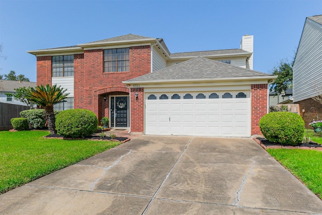 view of front facade with brick siding, a shingled roof, concrete driveway, an attached garage, and a front yard