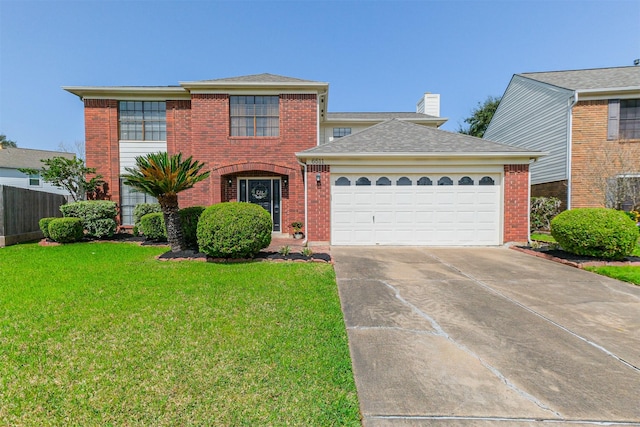 traditional home featuring concrete driveway, a front lawn, an attached garage, and brick siding