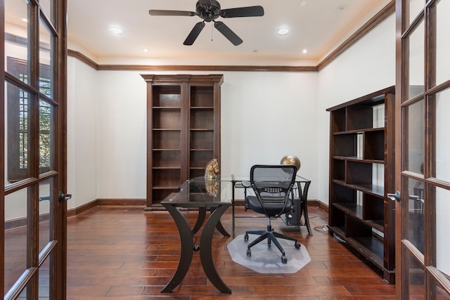 office area with dark wood-style floors, crown molding, and french doors