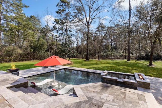 pool with an outdoor fire pit, a patio area, and a yard