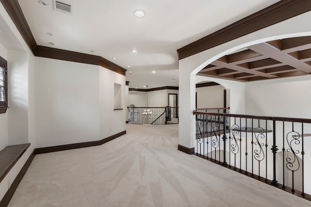 hallway with recessed lighting, visible vents, an upstairs landing, coffered ceiling, and baseboards