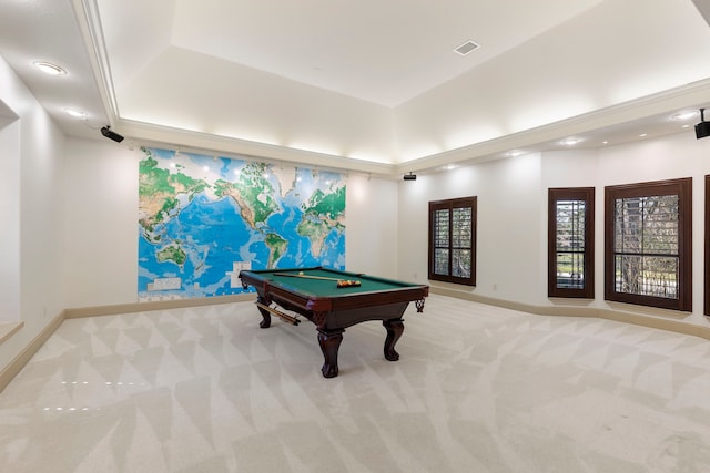 playroom featuring light carpet, billiards, baseboards, a tray ceiling, and recessed lighting