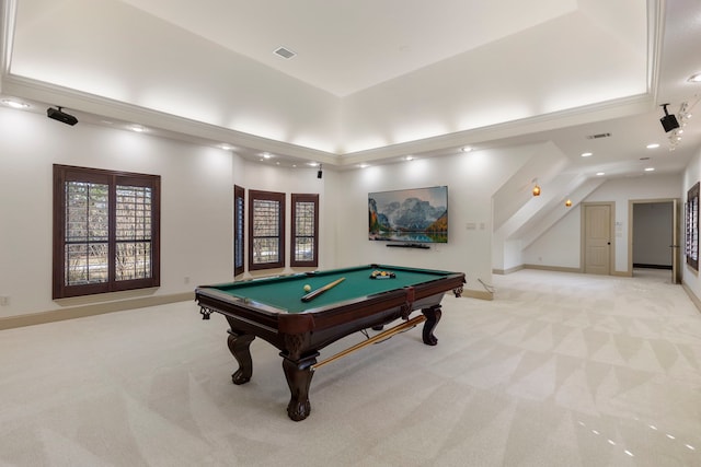 playroom with baseboards, pool table, visible vents, and light colored carpet