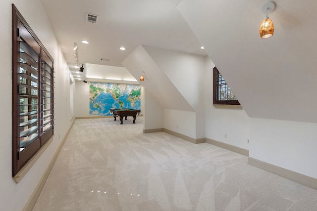 bonus room featuring visible vents, baseboards, pool table, carpet flooring, and recessed lighting