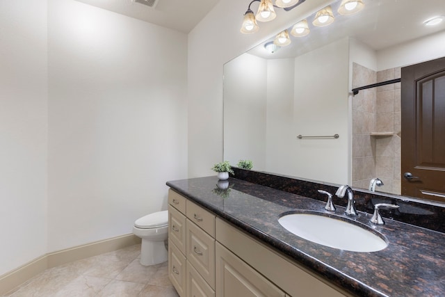 full bath featuring visible vents, baseboards, toilet, tile patterned floors, and vanity