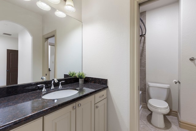 bathroom with visible vents, toilet, shower / tub combination, tile patterned floors, and vanity