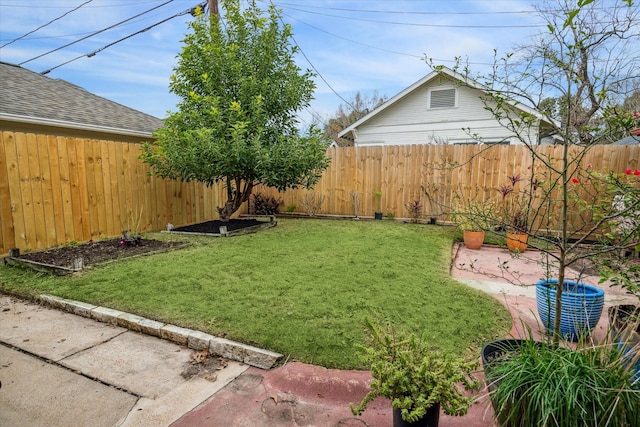 view of yard featuring a patio and a fenced backyard