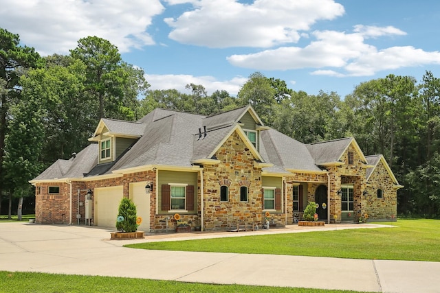 view of front of property with roof with shingles, an attached garage, a front yard, stone siding, and driveway