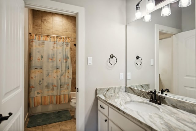 full bathroom featuring toilet, shower / tub combo, vanity, and tile patterned floors