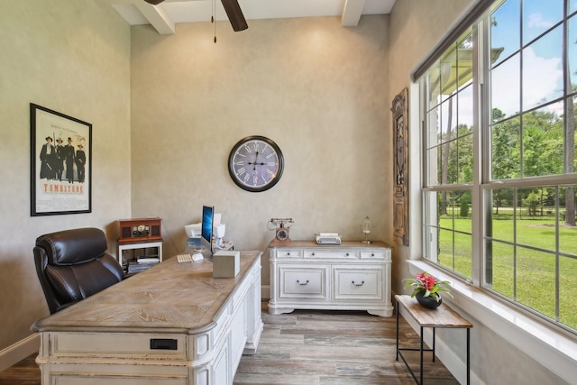 office area featuring dark wood-style floors, beamed ceiling, baseboards, and a ceiling fan