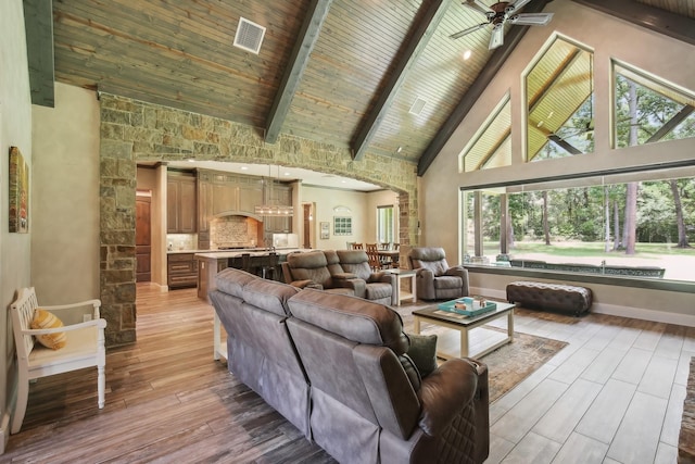 living area with light wood finished floors, visible vents, wooden ceiling, beamed ceiling, and high vaulted ceiling