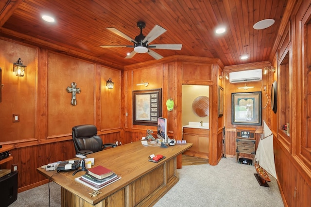 office space with recessed lighting, wooden ceiling, light carpet, and a wall mounted air conditioner