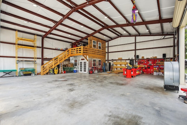 garage with french doors and metal wall