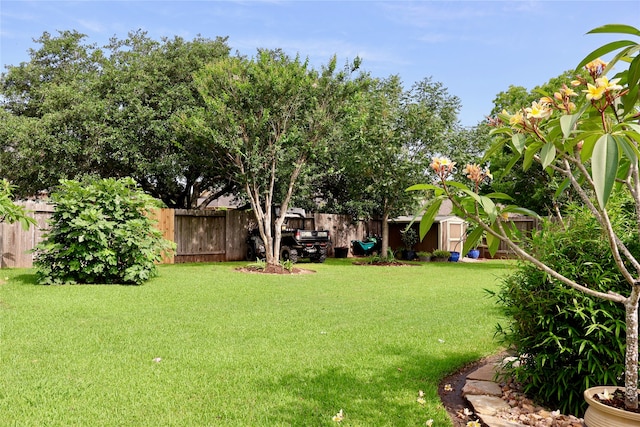 view of yard featuring an outbuilding, a fenced backyard, and a storage shed