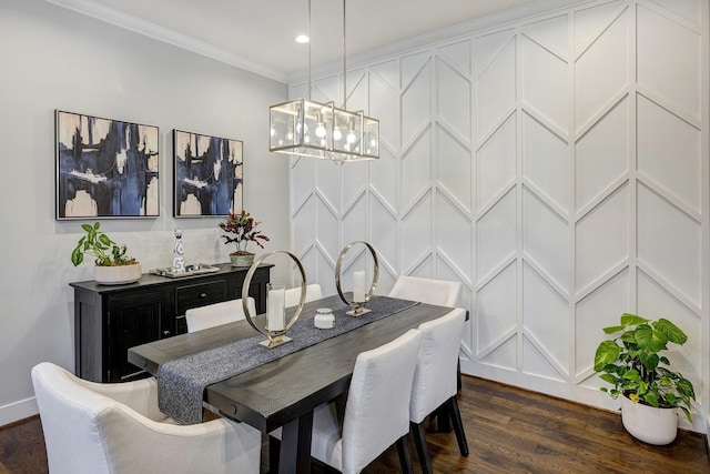 dining room featuring baseboards, dark wood finished floors, an inviting chandelier, crown molding, and recessed lighting