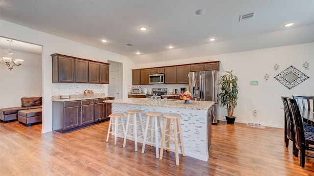 kitchen with visible vents, decorative backsplash, appliances with stainless steel finishes, an island with sink, and a kitchen bar