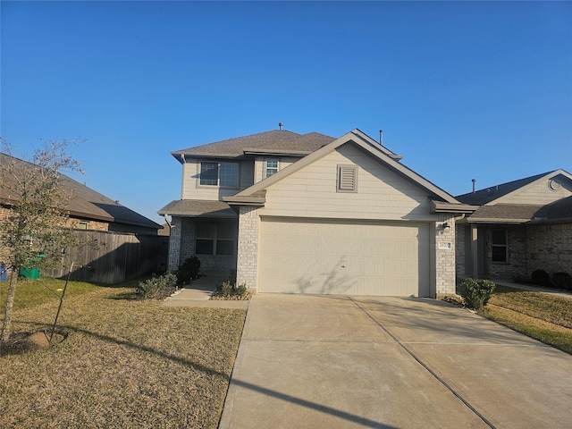 view of front of house featuring a garage, concrete driveway, fence, a front lawn, and brick siding