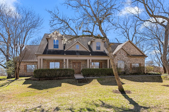 view of front facade featuring stone siding, a shingled roof, brick siding, and a front yard