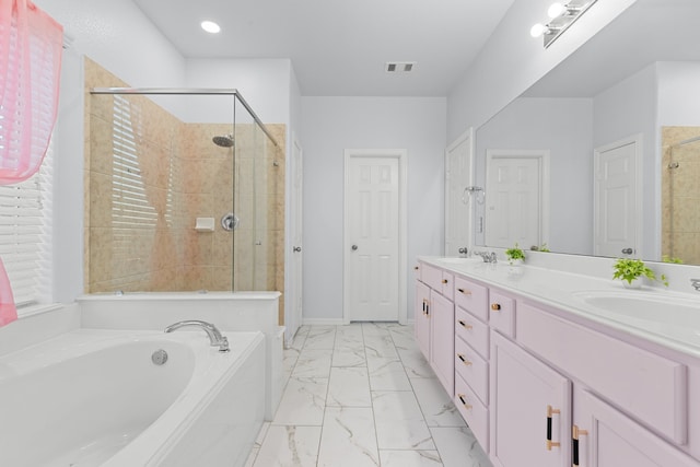 full bath featuring a garden tub, a sink, visible vents, marble finish floor, and a shower stall