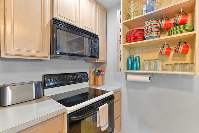 kitchen featuring range with electric cooktop, black microwave, light countertops, and open shelves