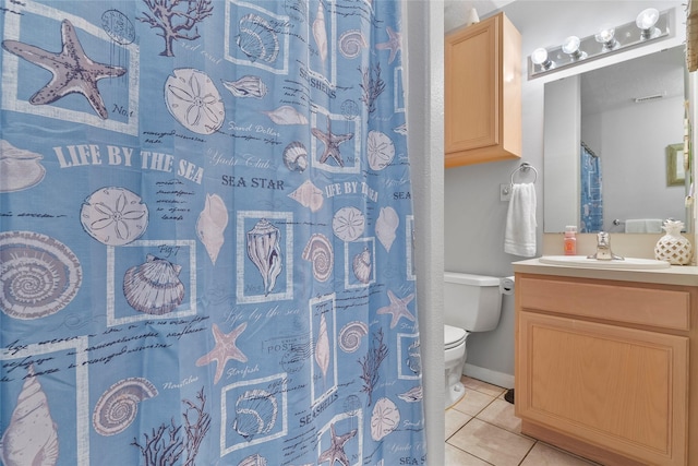 full bathroom with toilet, vanity, a shower with shower curtain, and tile patterned floors