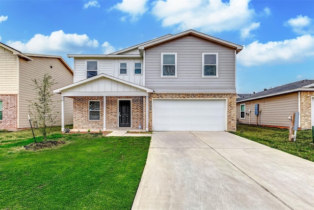 traditional-style home with board and batten siding, brick siding, driveway, and a front lawn