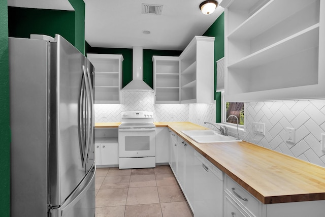 kitchen with open shelves, white cabinetry, a sink, wood counters, and white appliances