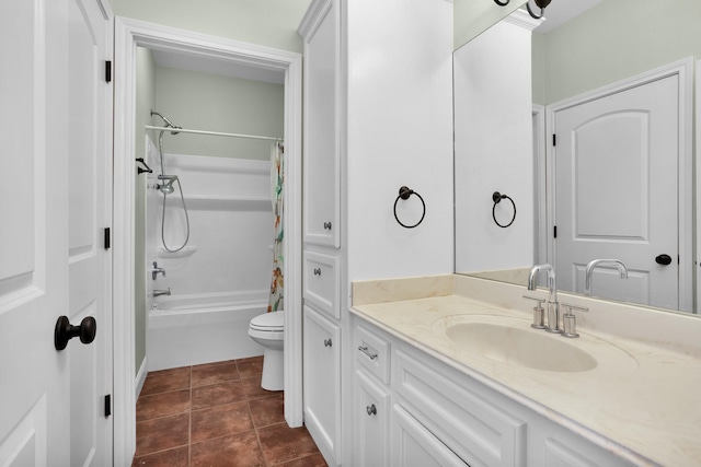 full bath featuring vanity, shower / bath combo, tile patterned flooring, and toilet