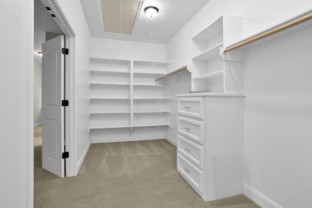 spacious closet with attic access and light colored carpet