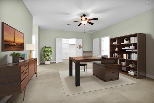 office space featuring baseboards and a ceiling fan