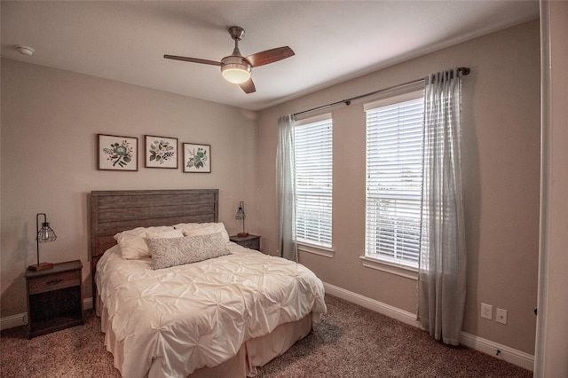 bedroom featuring carpet, a ceiling fan, and baseboards