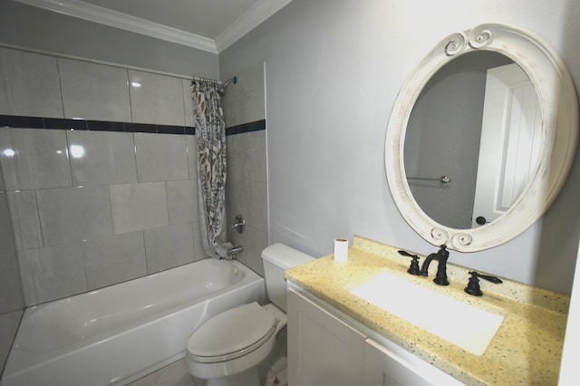 full bath with toilet, ornamental molding, shower / bath combo with shower curtain, and vanity