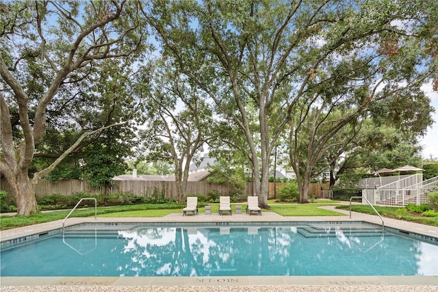 view of pool with a yard, a fenced backyard, and a fenced in pool