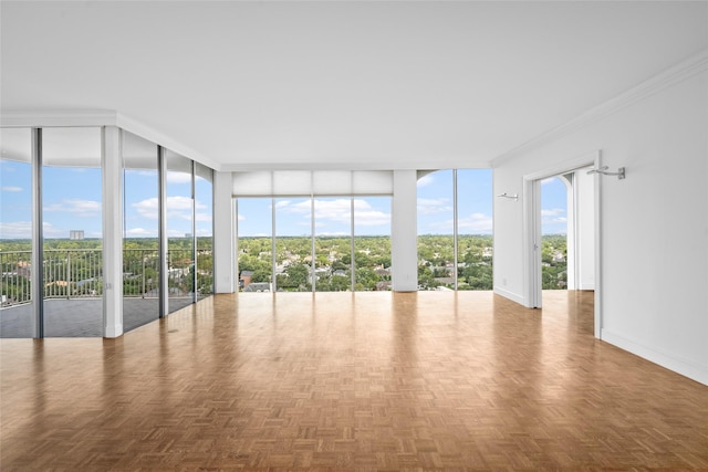 spare room featuring plenty of natural light, expansive windows, baseboards, and ornamental molding