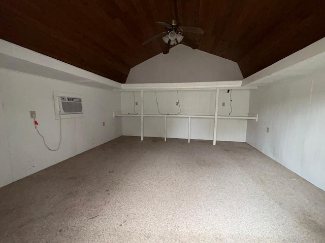 bonus room featuring lofted ceiling, light carpet, wood ceiling, a ceiling fan, and an AC wall unit