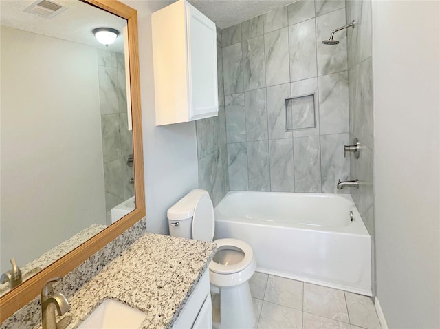 full bath with visible vents, toilet,  shower combination, a textured ceiling, and vanity