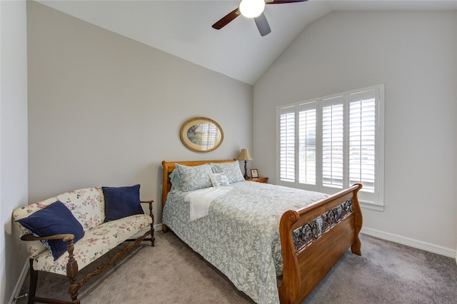 bedroom featuring lofted ceiling, light carpet, ceiling fan, and baseboards