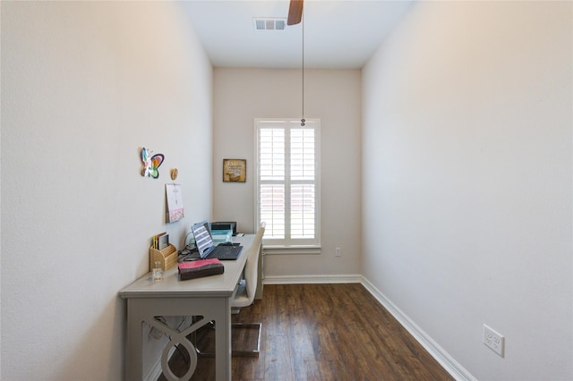 office featuring visible vents, dark wood finished floors, baseboards, and ceiling fan