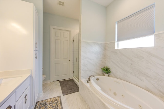 full bathroom featuring visible vents, toilet, a whirlpool tub, marble finish floor, and a shower stall