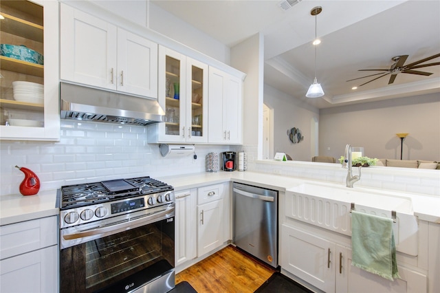 kitchen featuring glass insert cabinets, appliances with stainless steel finishes, light countertops, and ventilation hood