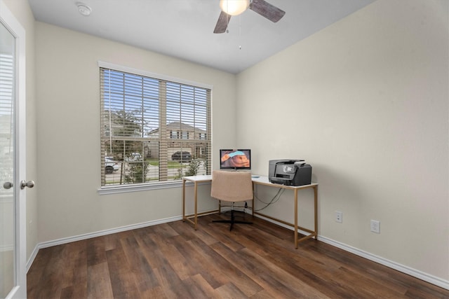 office area with ceiling fan, dark wood-style flooring, and baseboards