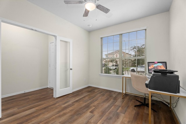 home office featuring dark wood-type flooring, ceiling fan, and baseboards