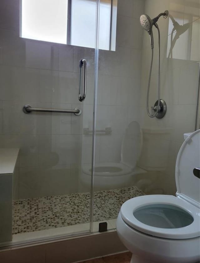 full bathroom with a shower stall and toilet