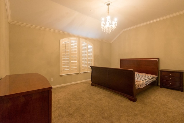 bedroom featuring a chandelier, lofted ceiling, light colored carpet, and crown molding